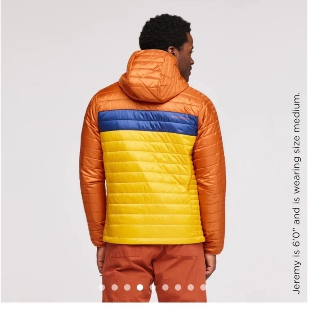 Cotopaxi Men's XL Capa Insulated Hooded Jacket Yellow Orange Mezcal NWT Puff